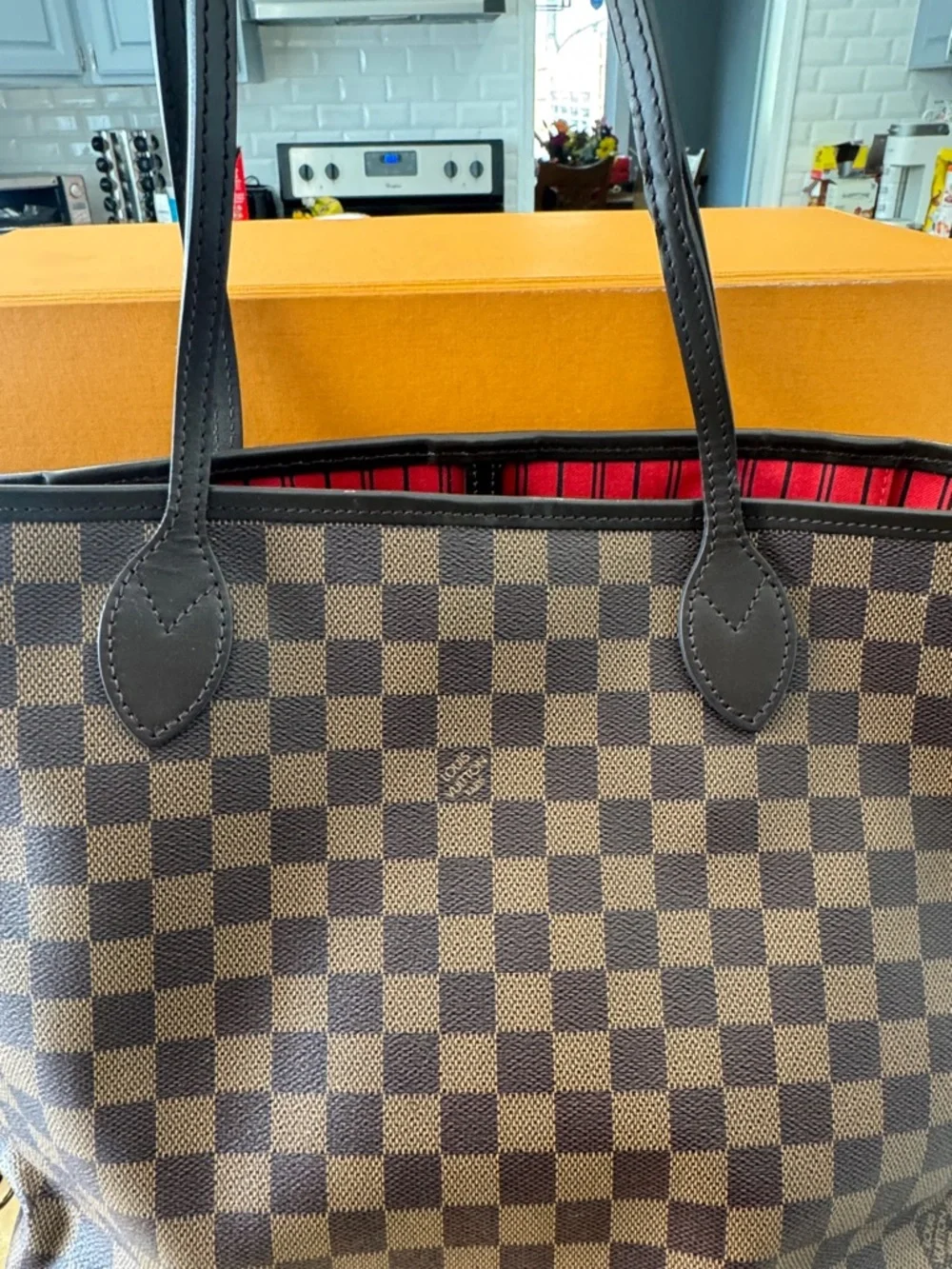 Brown Checkered Tote Bag with Red Interior - Picture 2 of 8